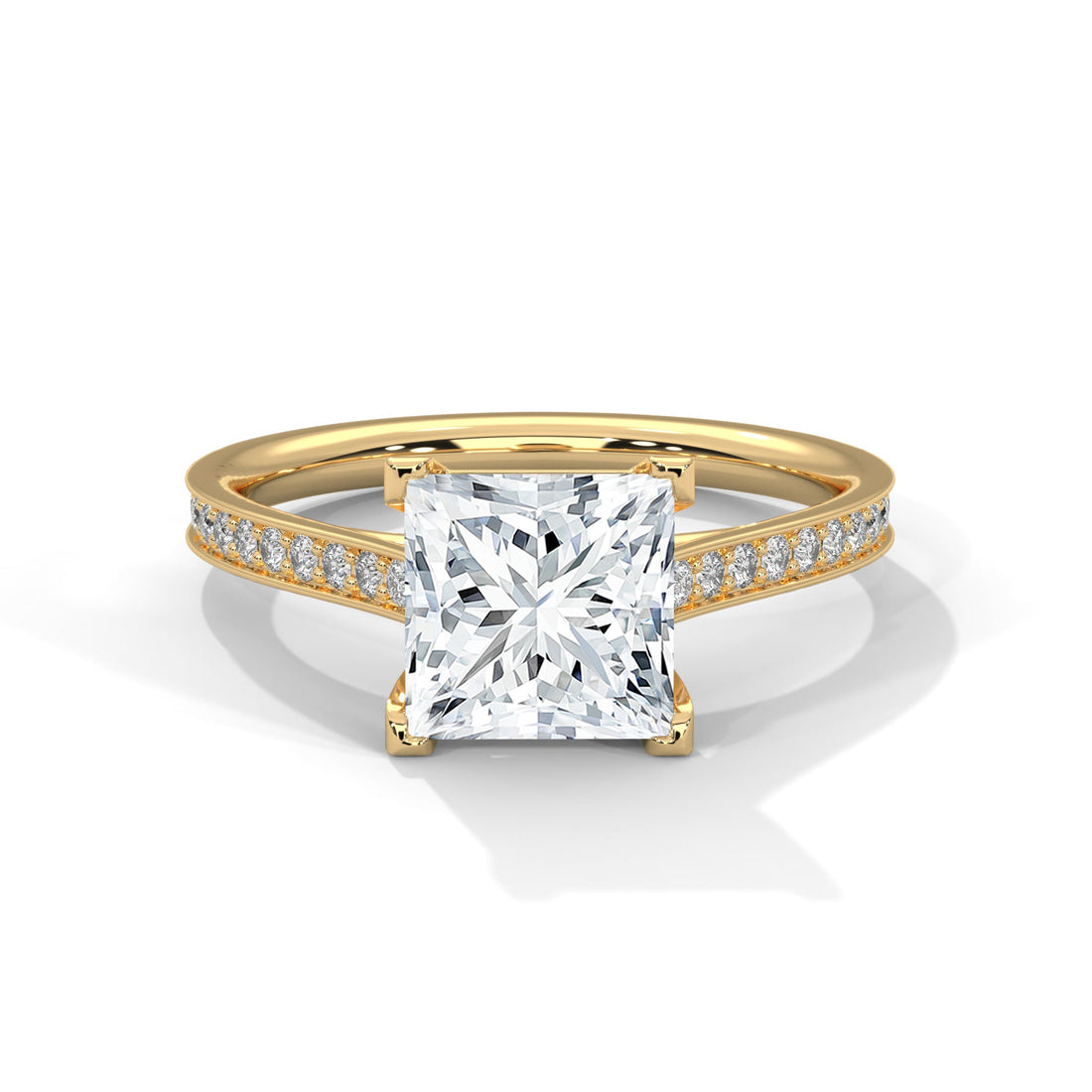 Princess-Cut Diamond Engagement Ring with Pave Band and 4-Prong Setting