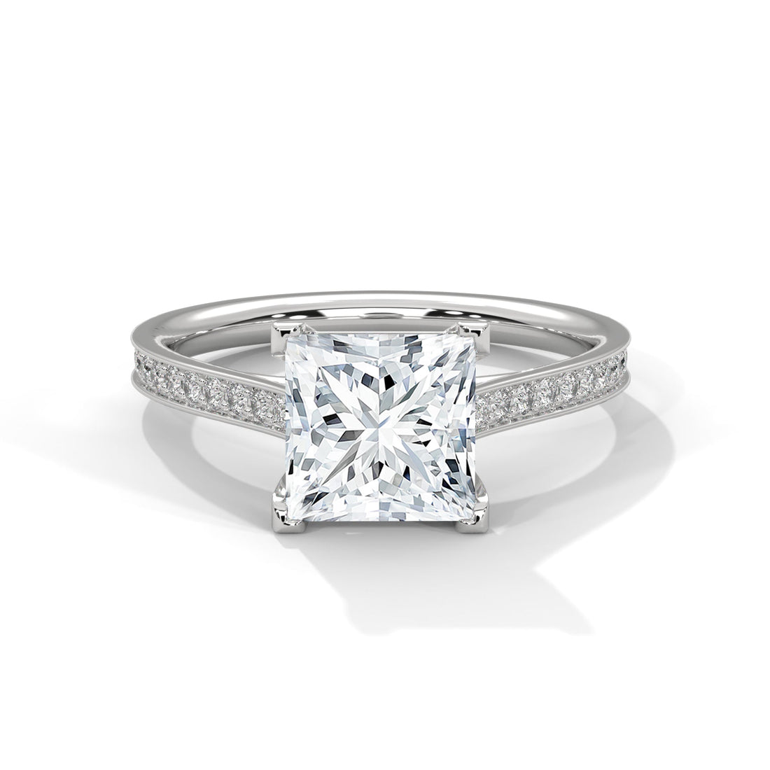 Princess-Cut Diamond Engagement Ring with Pave Band and 4-Prong Setting