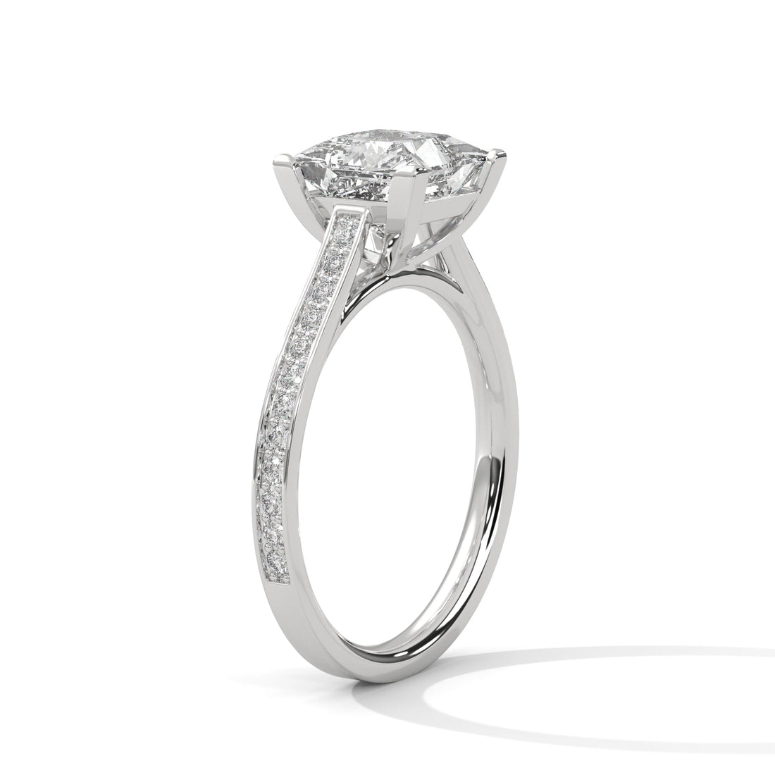 Princess-Cut Diamond Engagement Ring with Pave Band and 4-Prong Setting