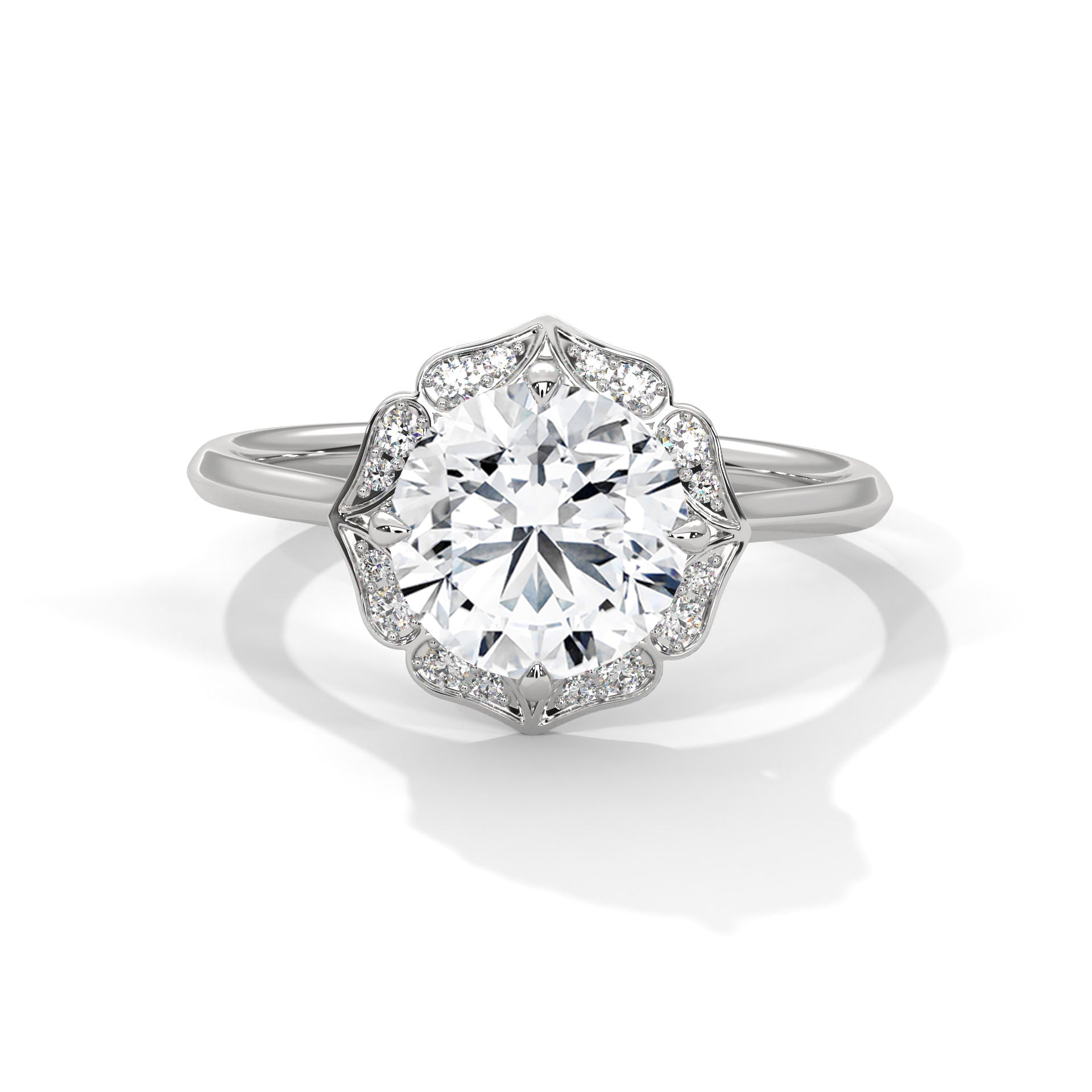 Regal Bloom 2.12 CTW Round-Cut Diamond Floral Halo Ring | E-VS1