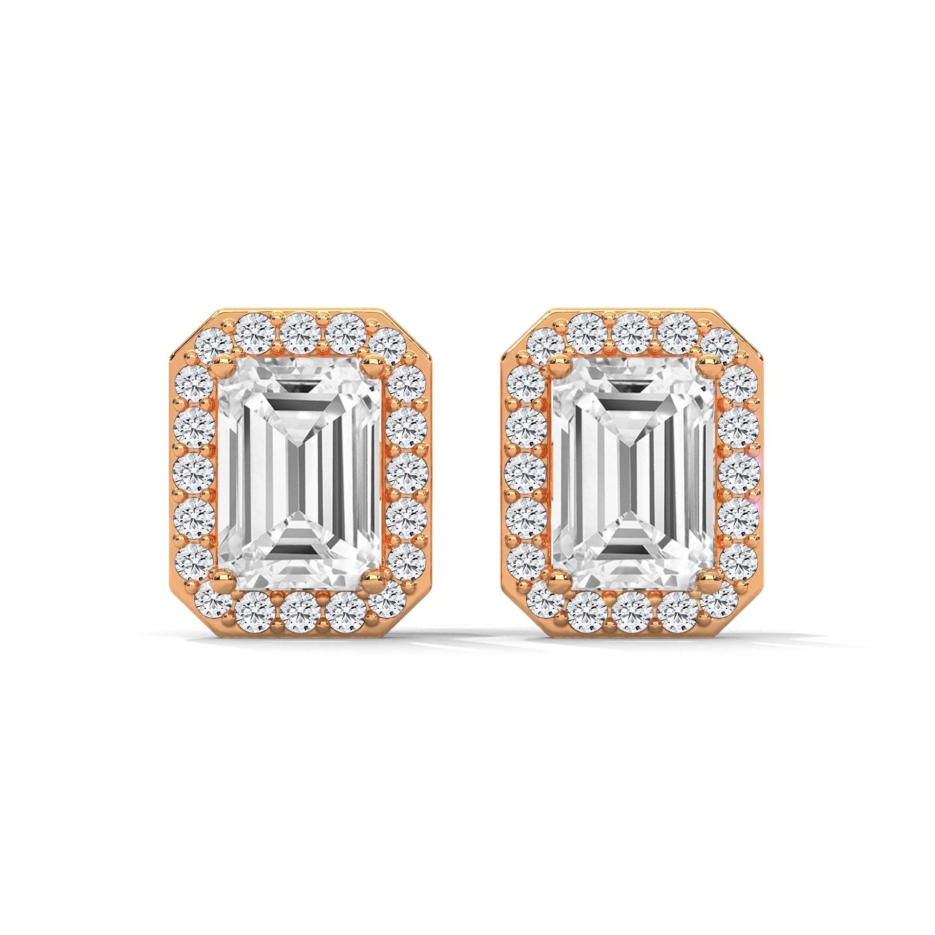 Emerald Cut Halo Diamond Stud Earrings | 14K Gold |2-6ctw | IGI Certified