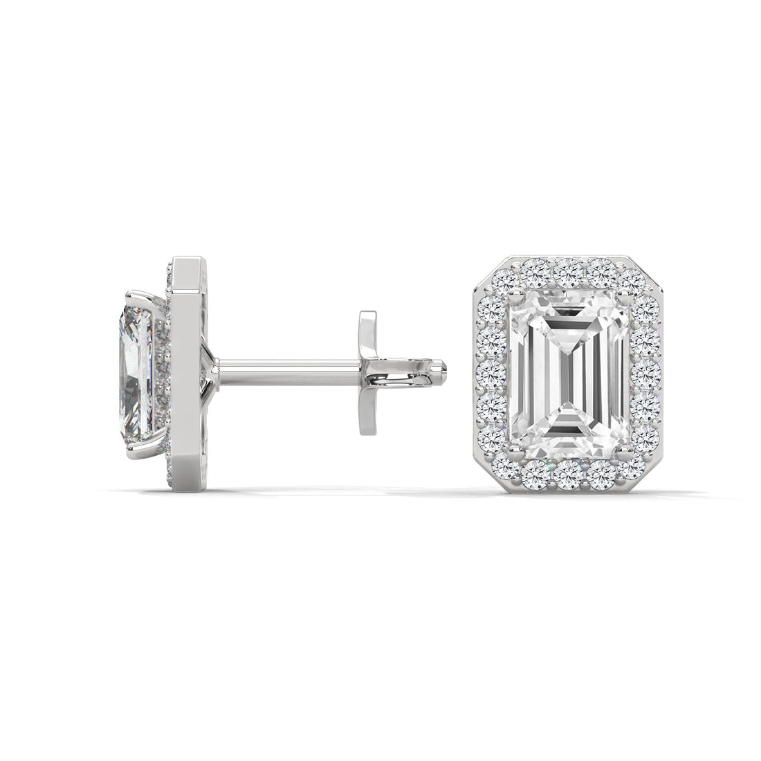 Emerald Cut Halo Diamond Stud Earrings | 14K Gold |2-6ctw | IGI Certified