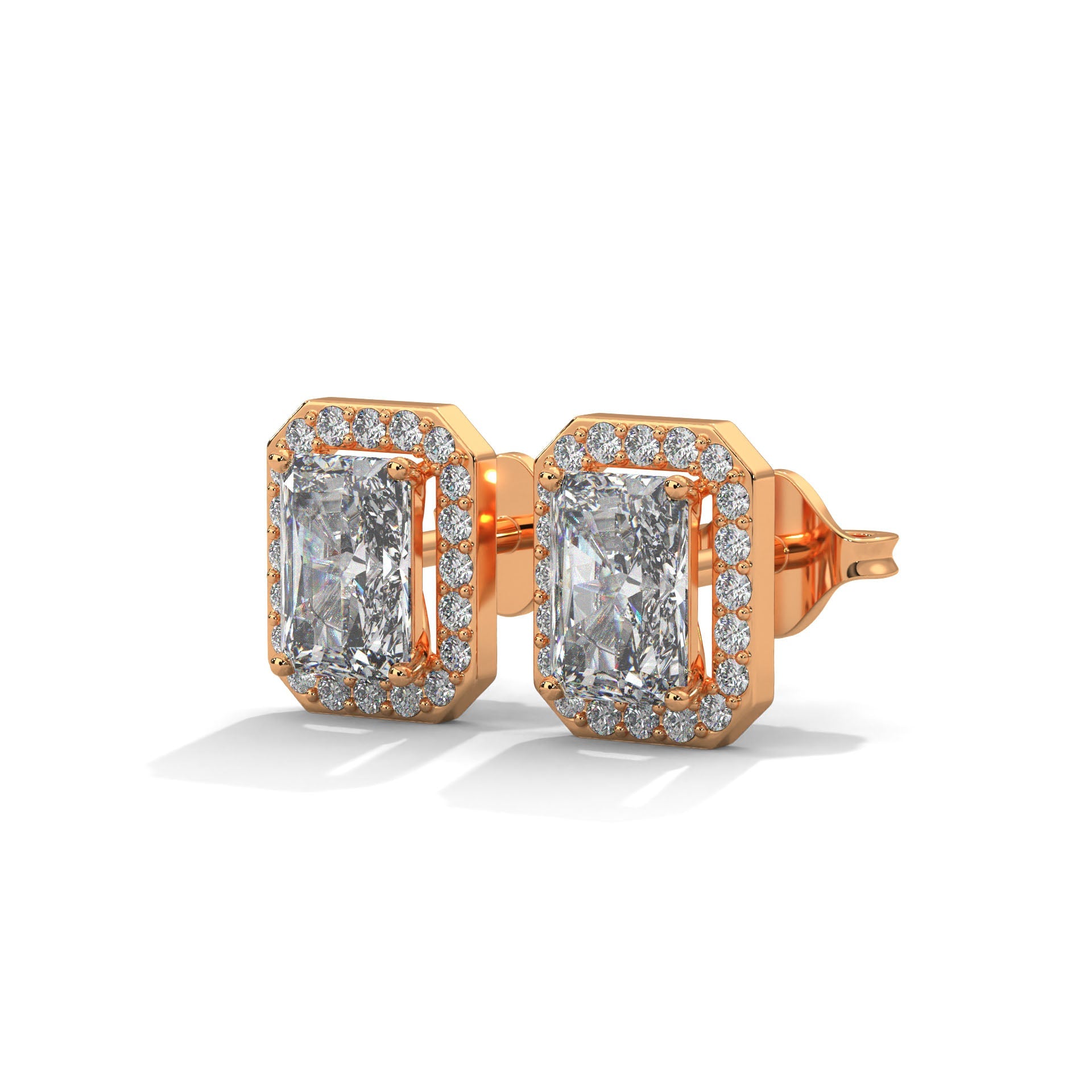 Emerald Cut Halo Diamond Stud Earrings | 14K Gold |2-6ctw | IGI Certified