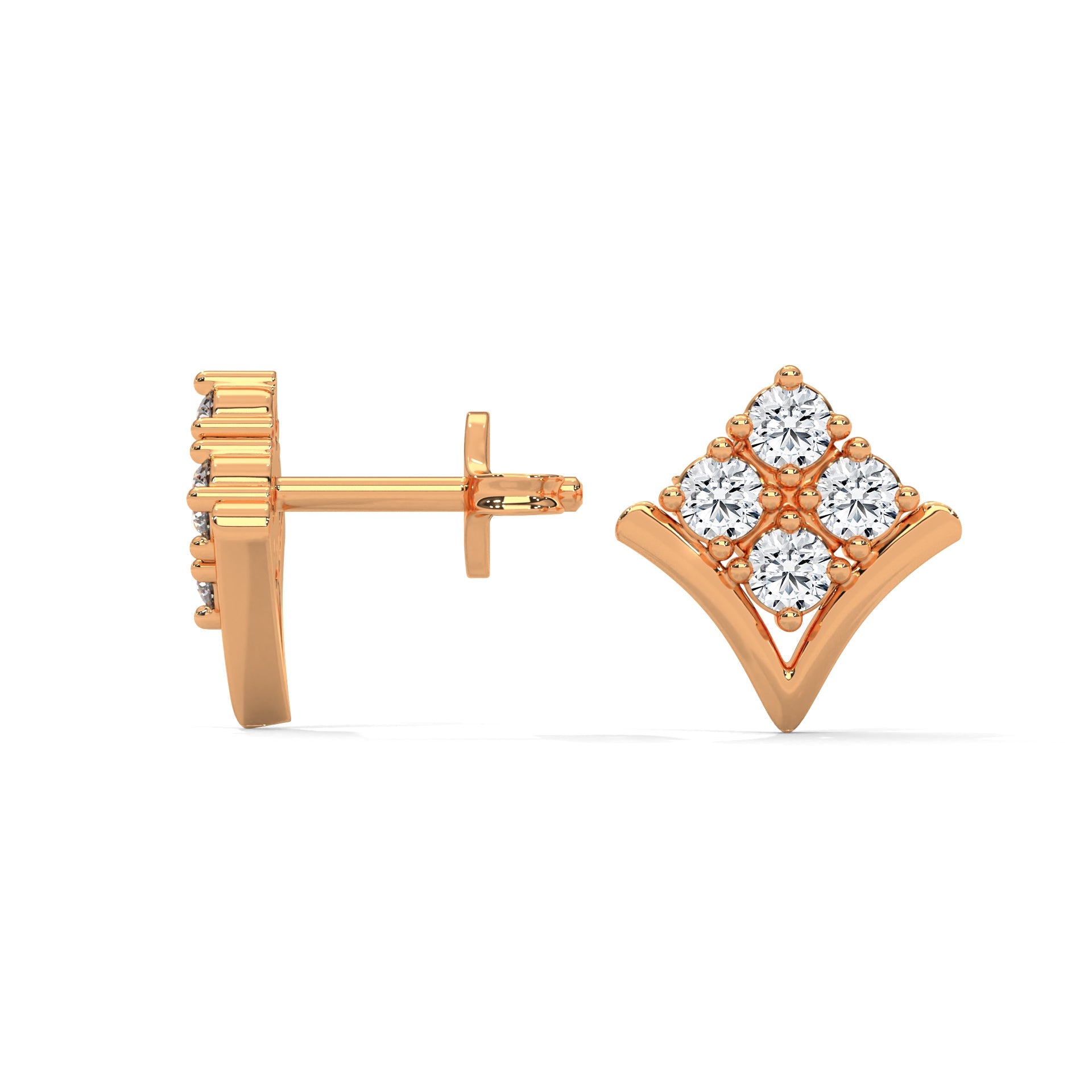 Diamond Cluster Chevron Stud Earrings | 14K and 18K Gold | Push-Back | 0.23 CTW
