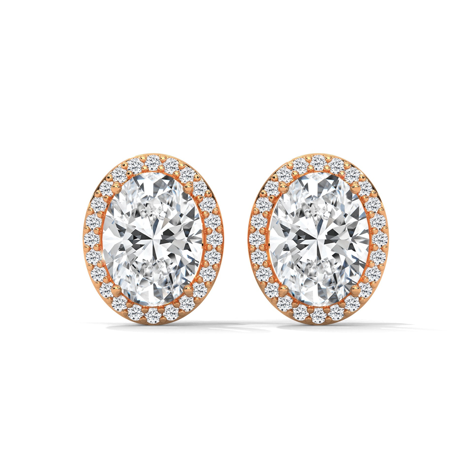 Oval Cut Halo Diamond Stud Earrings in 14K Gold | IGI Certified | 2-6 CT