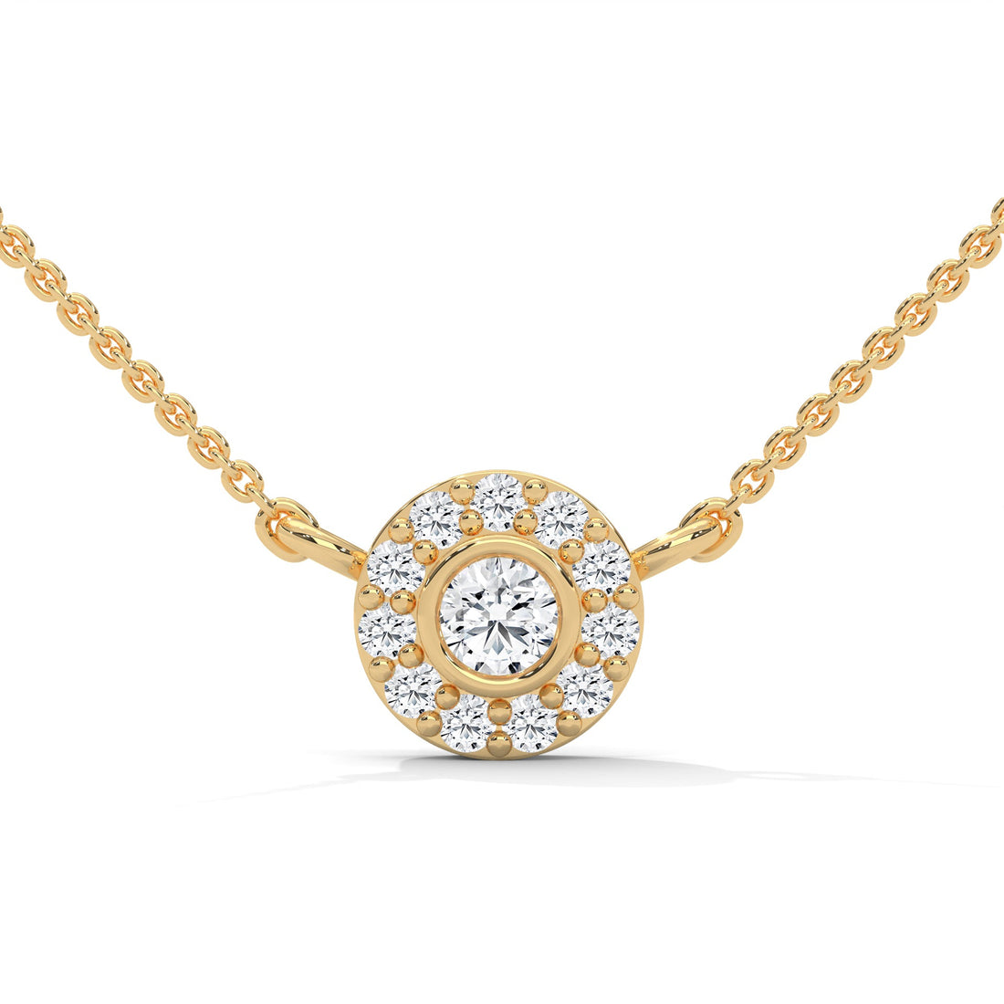 Round-Cut Diamond Bezel Halo Pendant 14K Gold Necklace | 0.26 CTW
