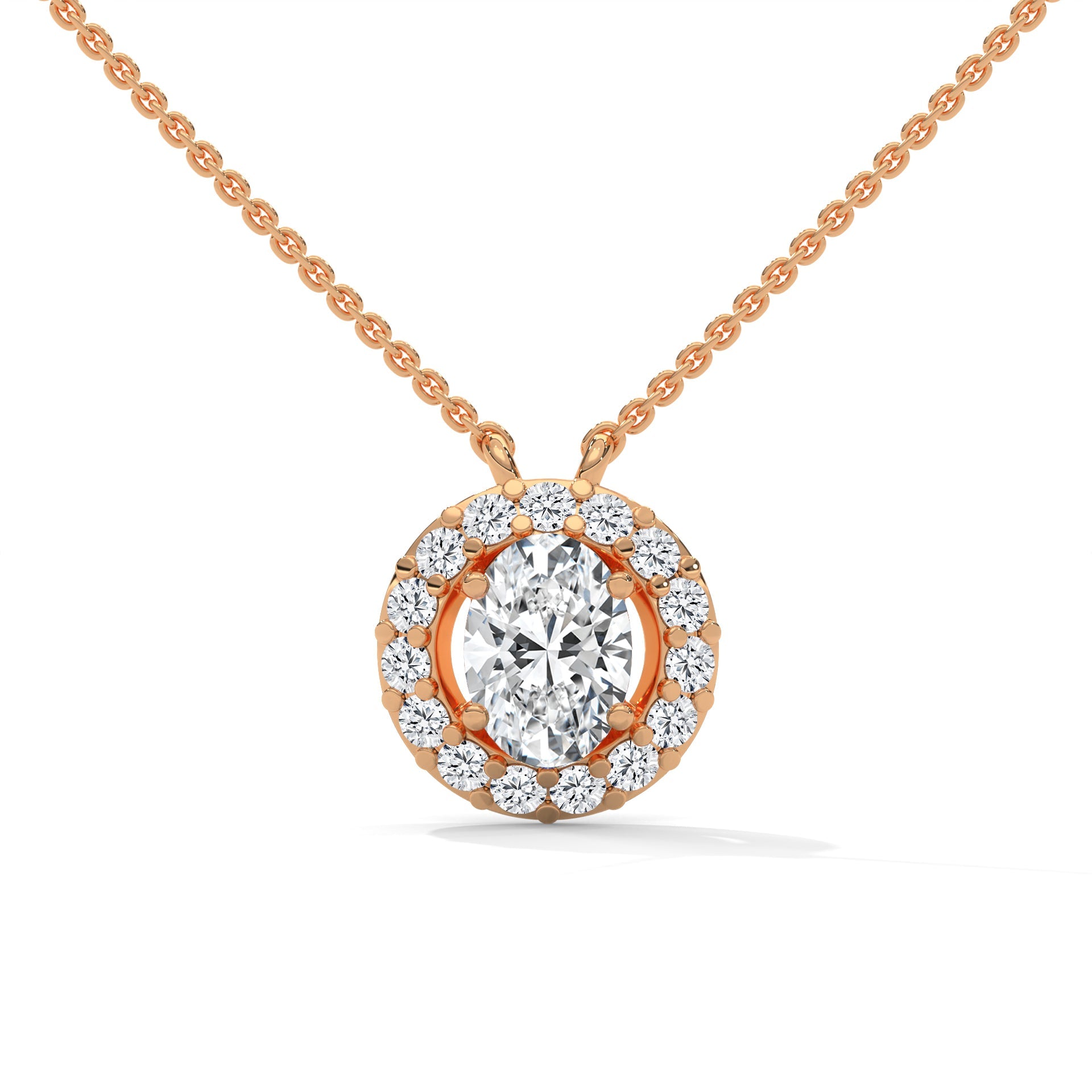 Eternal Glow: 14K Gold 0.75CT Oval-Cut Diamond Halo Pendant Necklace
