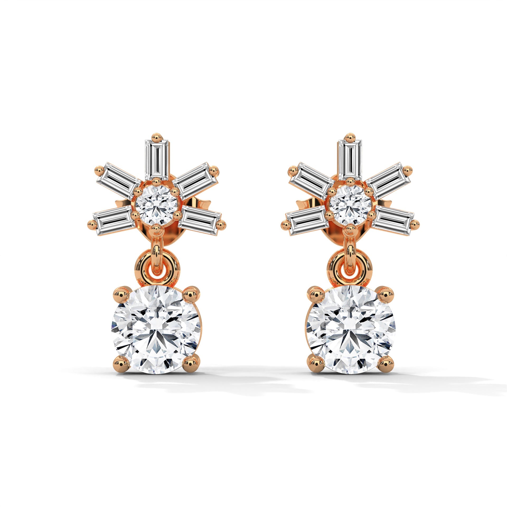 Elegant Starburst Round and Baguette Drop Earrings | 0.86 CTW
