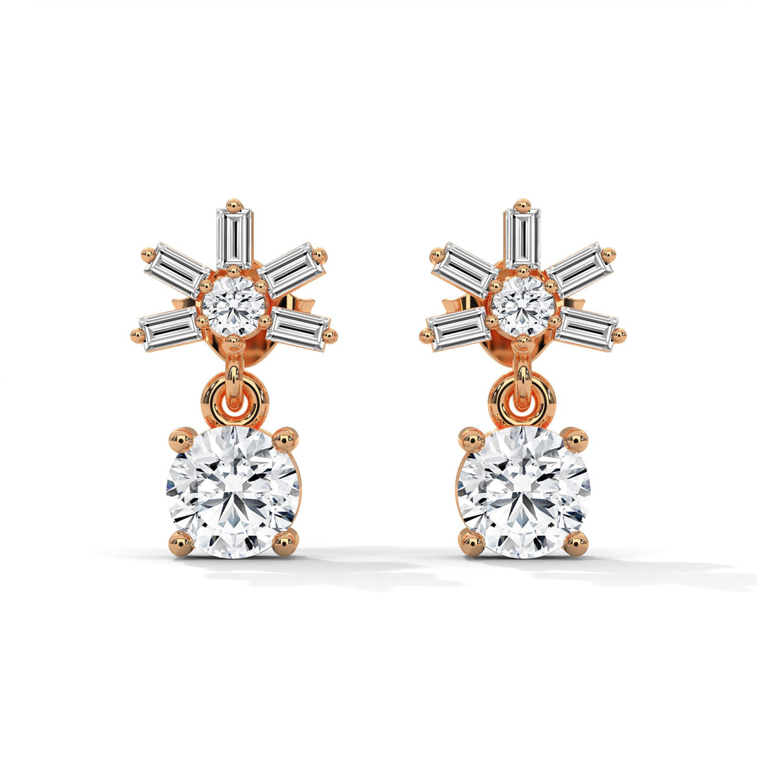 Elegant Starburst Round and Baguette Drop Earrings | 0.86 CTW