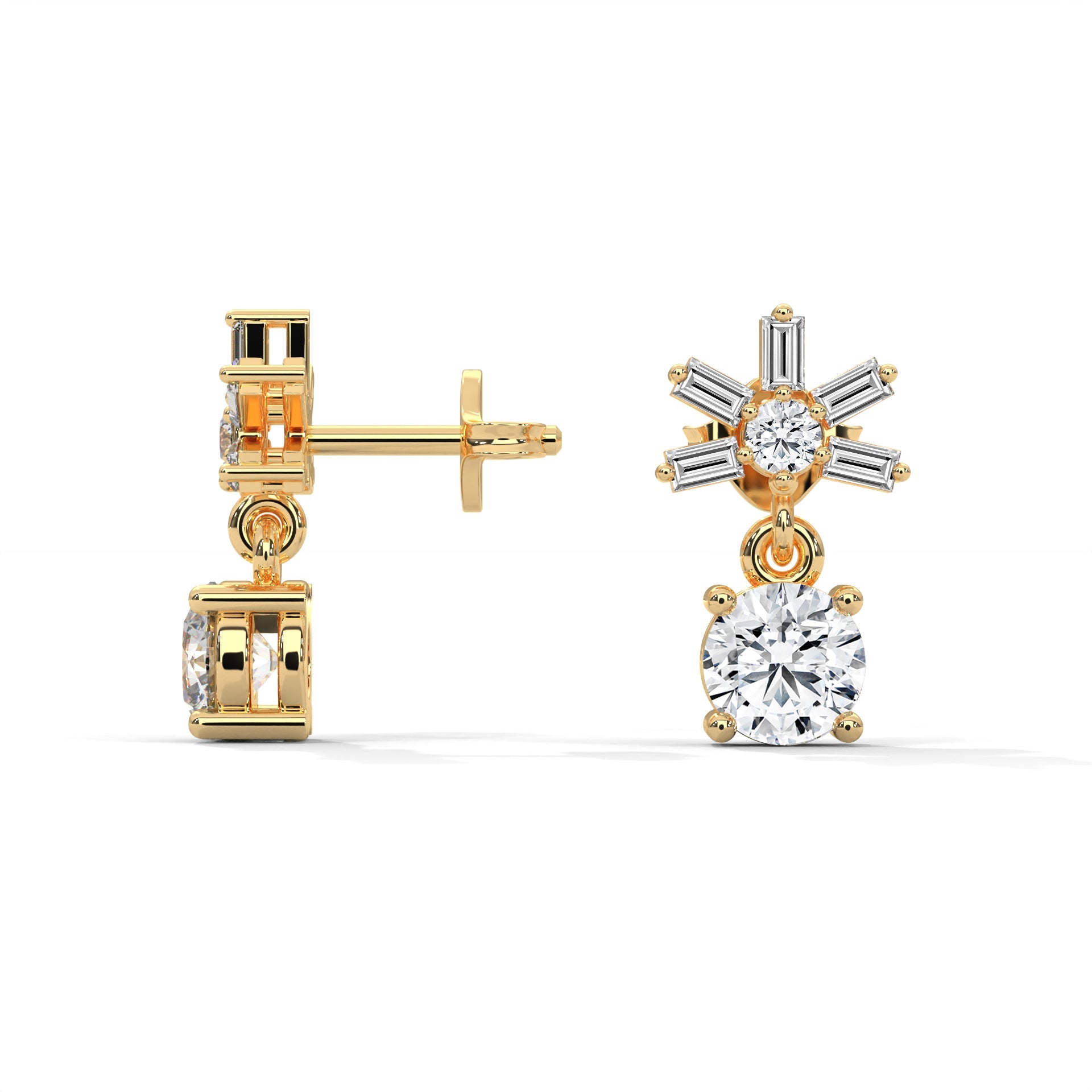 Elegant Starburst Round and Baguette Drop Earrings | 0.86 CTW