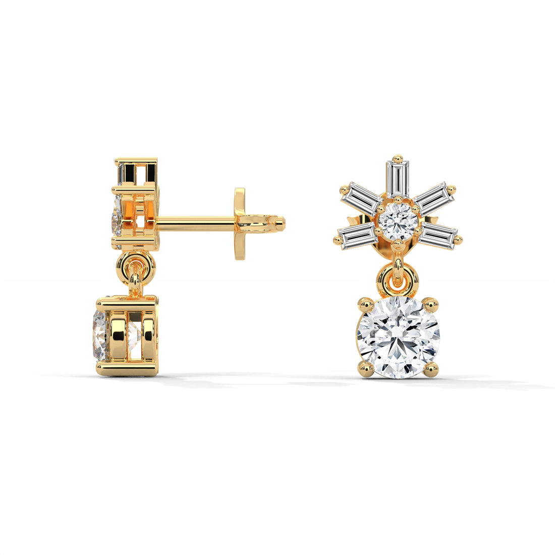 Elegant Starburst Round and Baguette Drop Earrings | 0.86 CTW