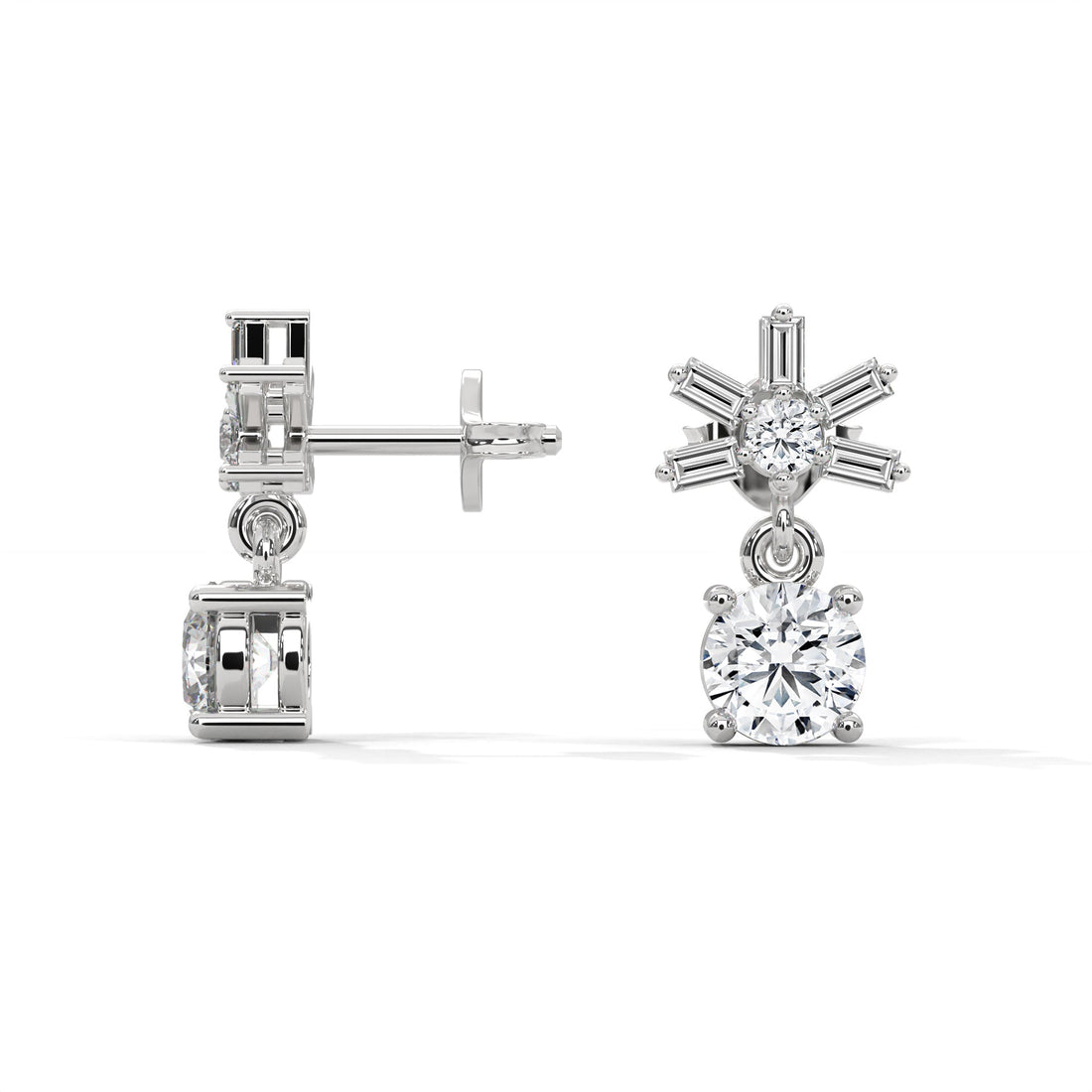 Elegant Starburst Round and Baguette Drop Earrings | 0.86 CTW