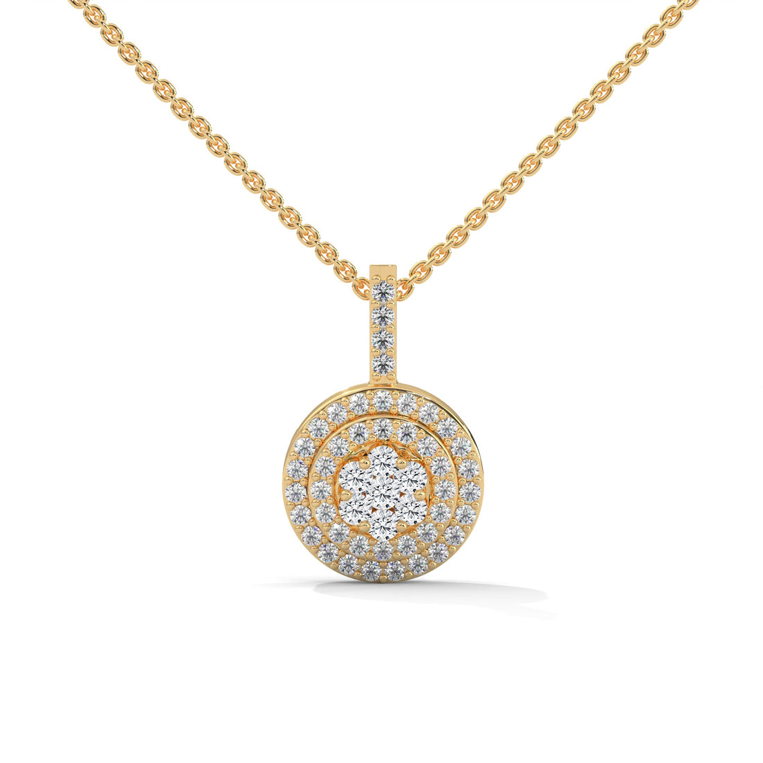 Gold Triple Halo Round Diamond Pendant Necklace | 0.32CTW