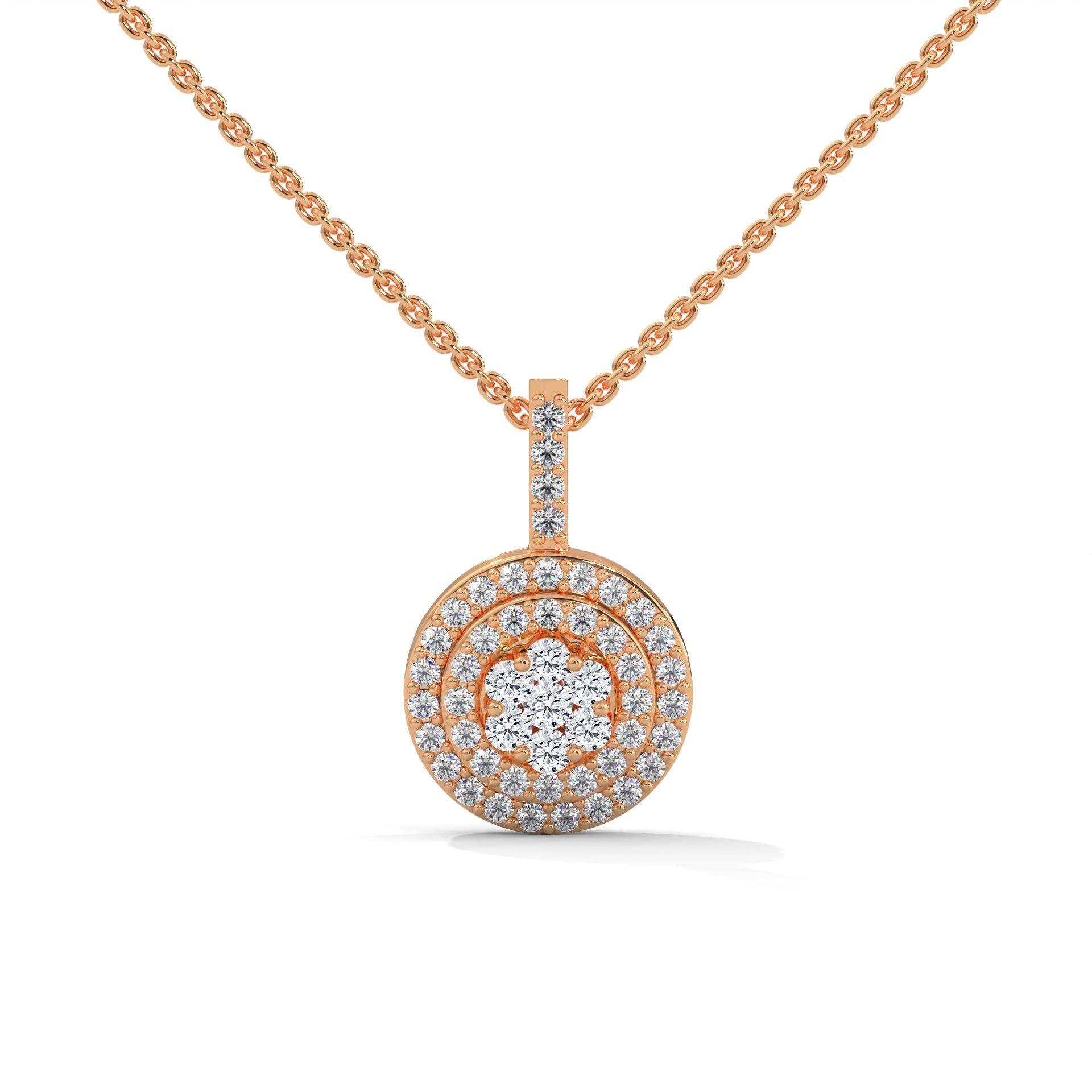 Gold Triple Halo Round Diamond Pendant Necklace | 0.32CTW