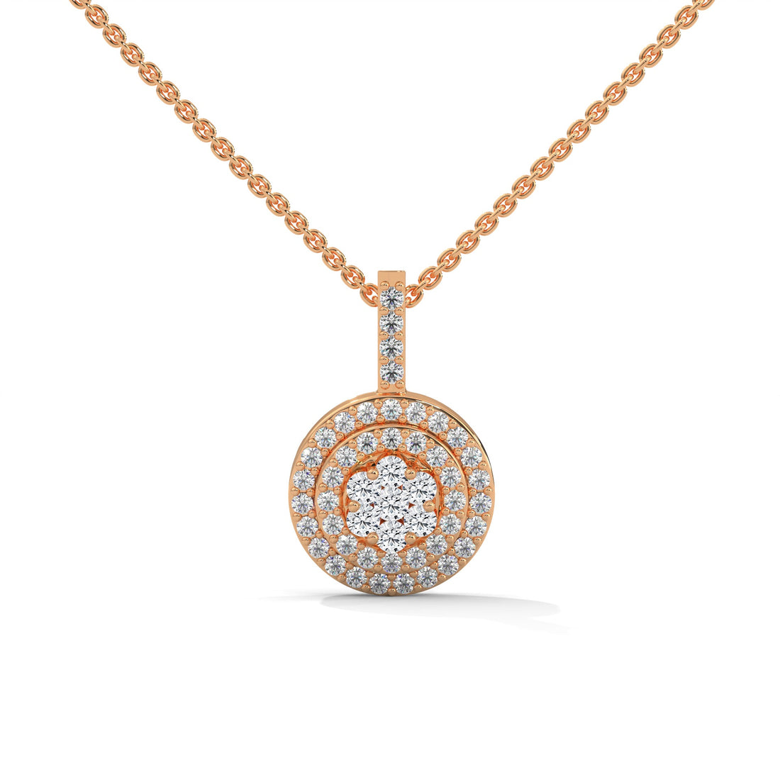Gold Triple Halo Round Diamond Pendant Necklace | 0.32CTW