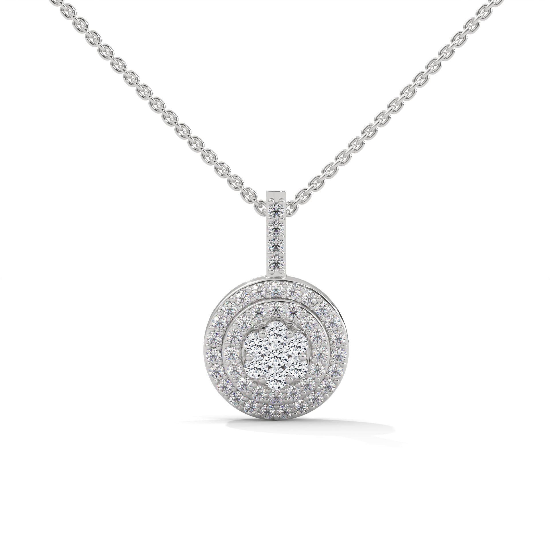 Gold Triple Halo Round Diamond Pendant Necklace | 0.32CTW