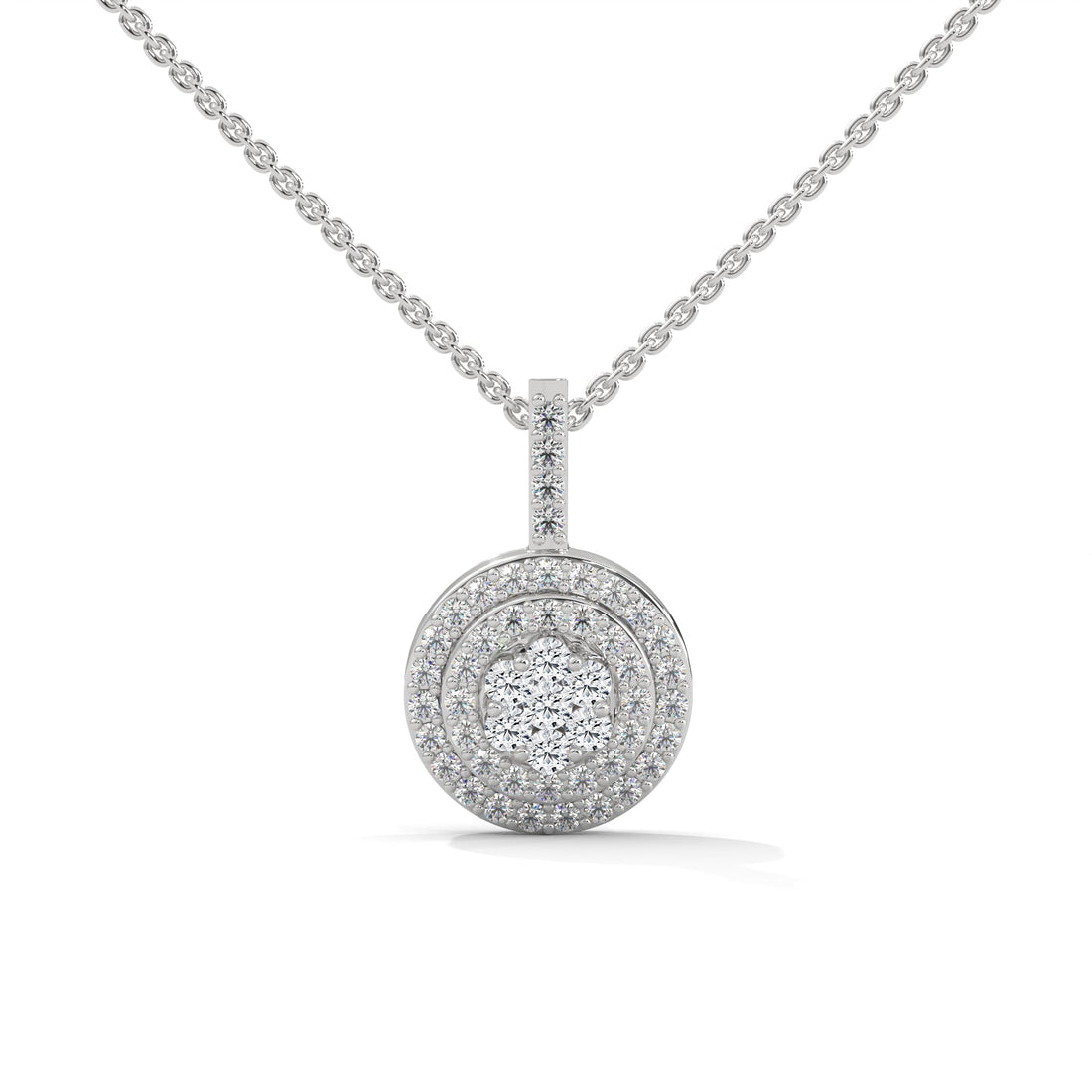 Gold Triple Halo Round Diamond Pendant Necklace | 0.32CTW