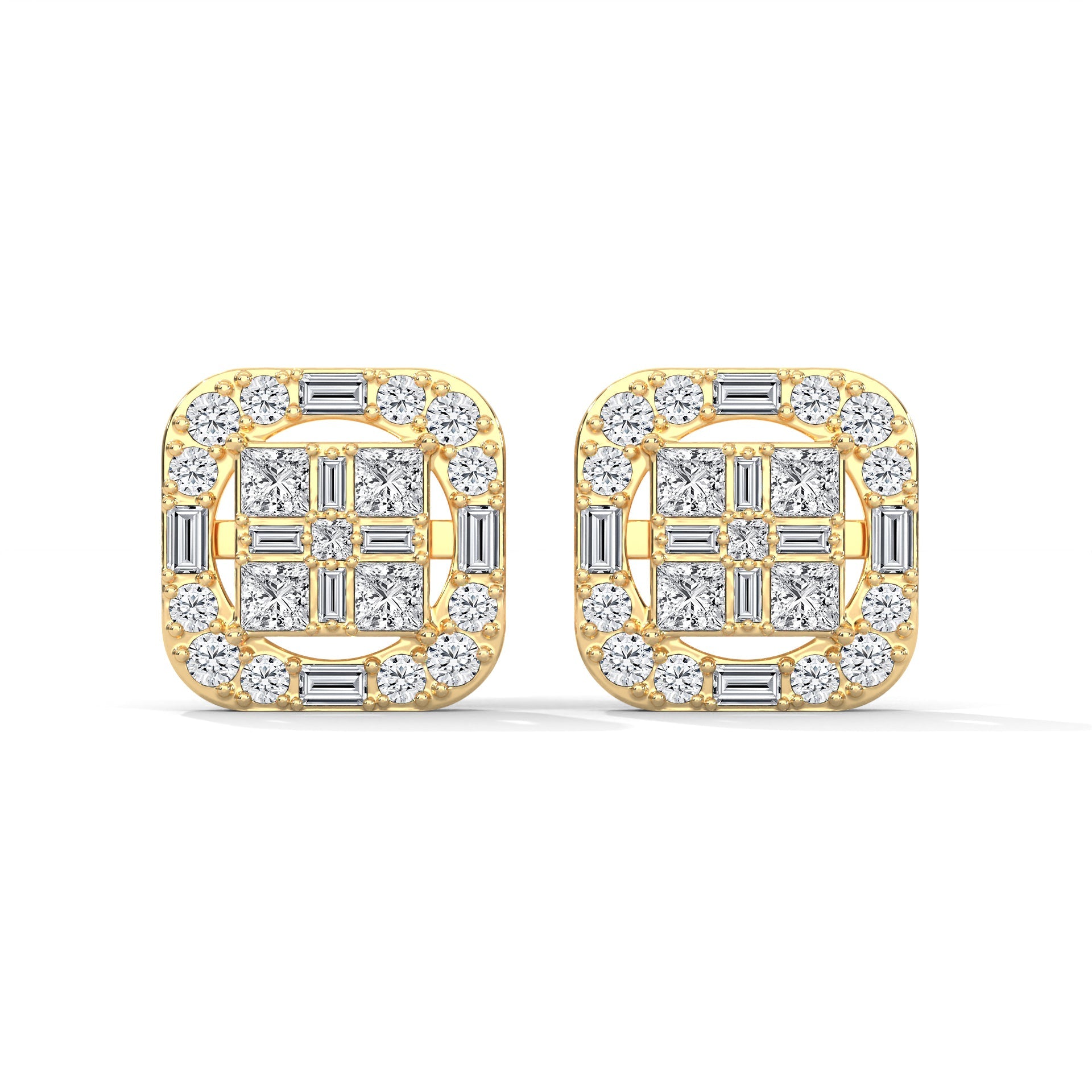 Square Princess & Baguette Diamond Halo Gold Earrings | 0.68 CTW