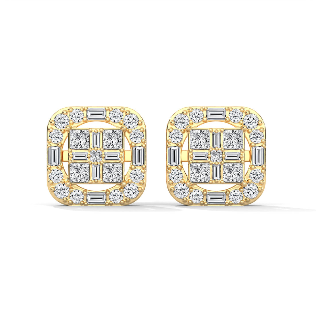 Square Princess & Baguette Diamond Halo Gold Earrings | 0.68 CTW