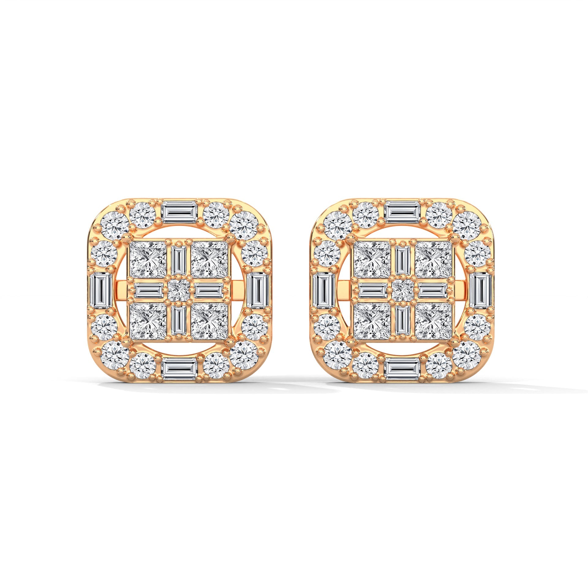 Square Princess & Baguette Diamond Halo Gold Earrings | 0.68 CTW