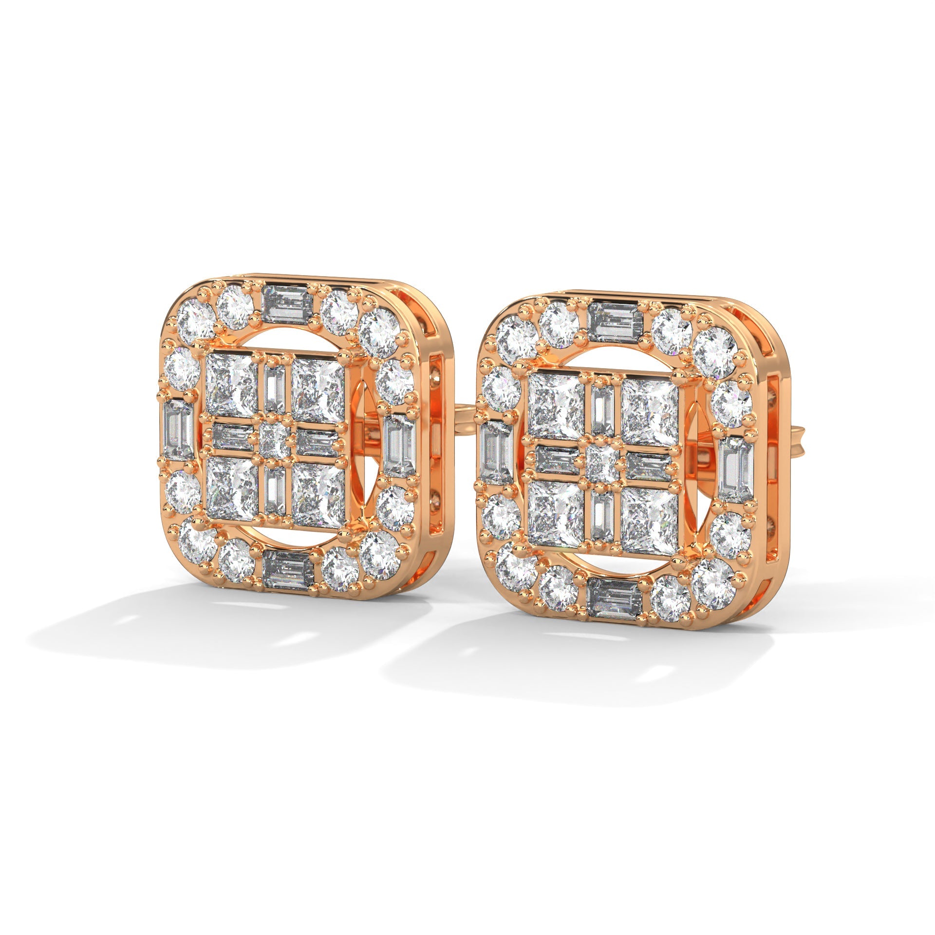 Square Princess & Baguette Diamond Halo Gold Earrings | 0.68 CTW