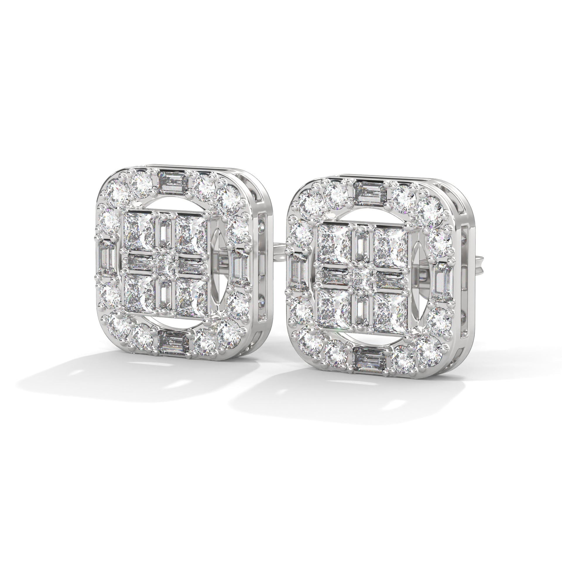 Square Princess & Baguette Diamond Halo Gold Earrings | 0.68 CTW