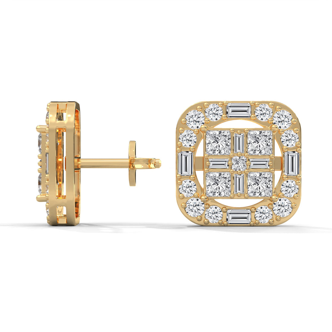 Square Princess & Baguette Diamond Halo Gold Earrings | 0.68 CTW