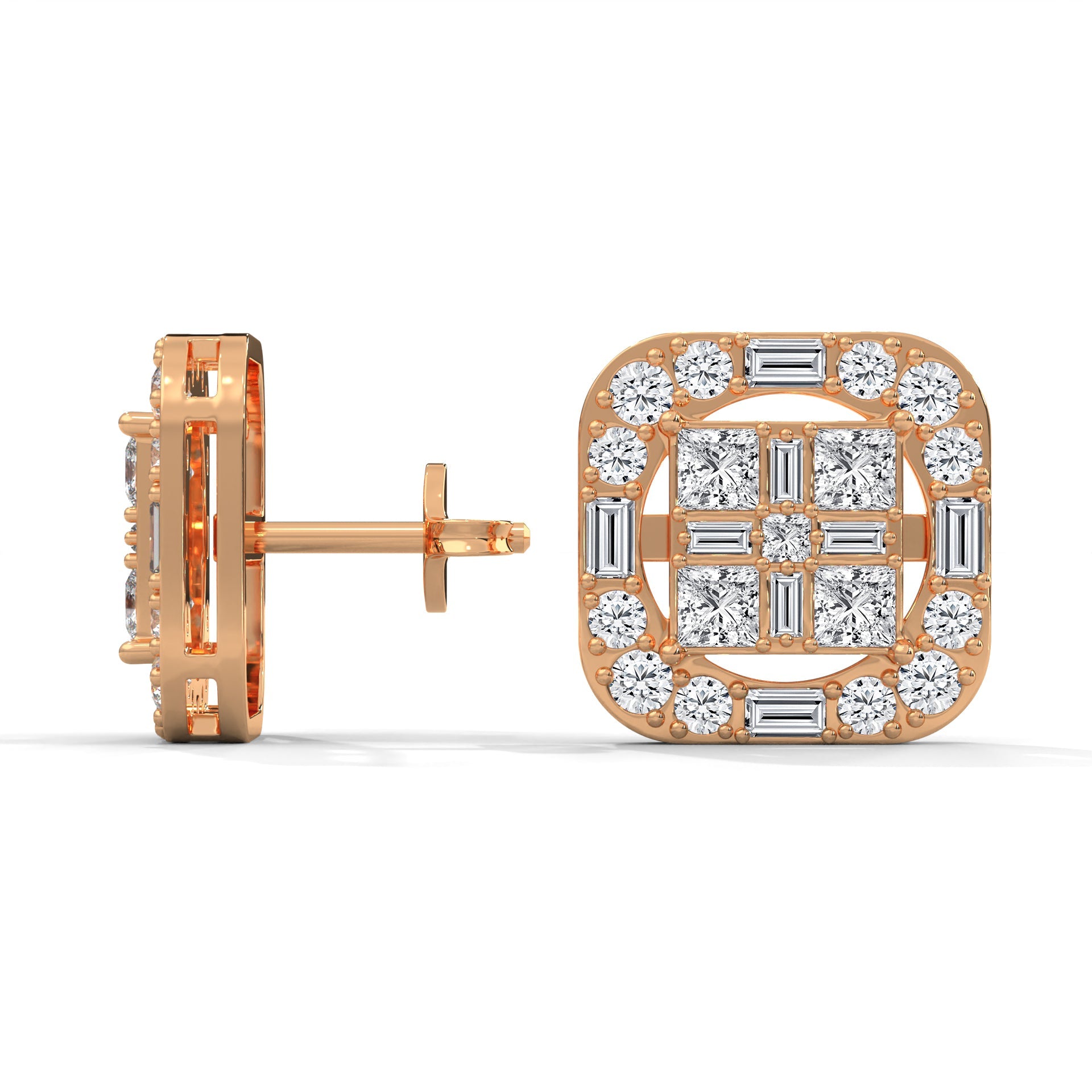 Square Princess & Baguette Diamond Halo Gold Earrings | 0.68 CTW