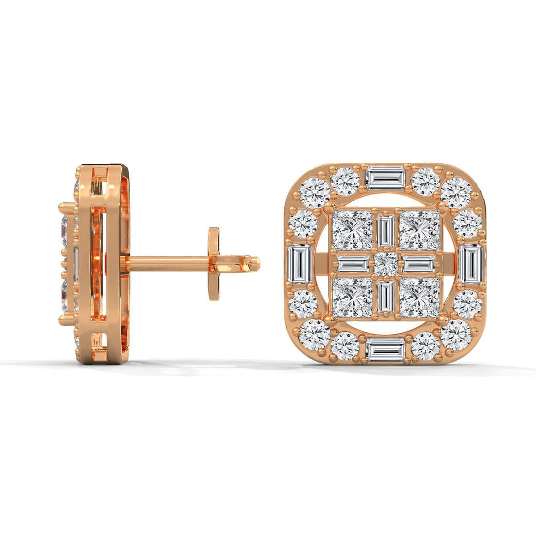 Square Princess & Baguette Diamond Halo Gold Earrings | 0.68 CTW