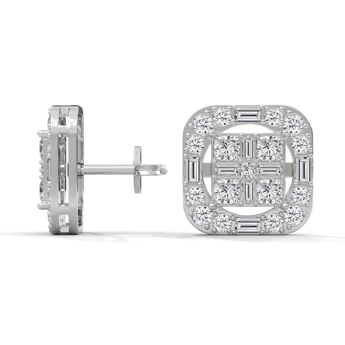Square Princess & Baguette Diamond Halo Gold Earrings | 0.68 CTW