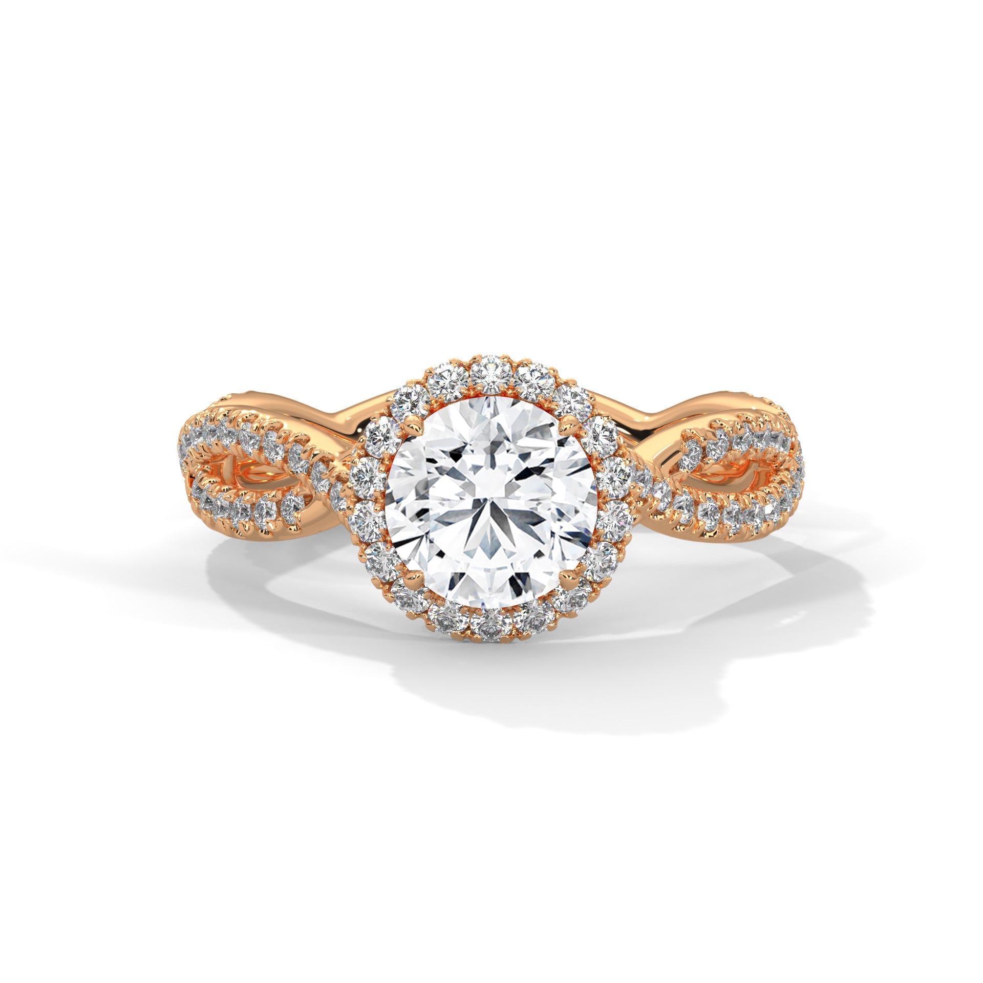 Twisted diamond-encrusted Band Halo Engagement Ring with 2ct Round-Cut Diamond(F VS1)