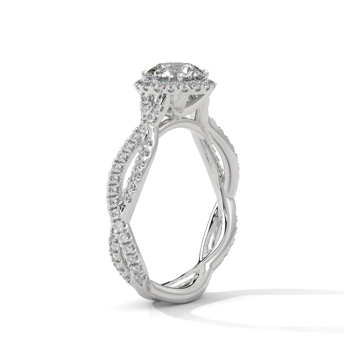 Twisted diamond-encrusted Band Halo Engagement Ring with 2ct Round-Cut Diamond(F VS1)
