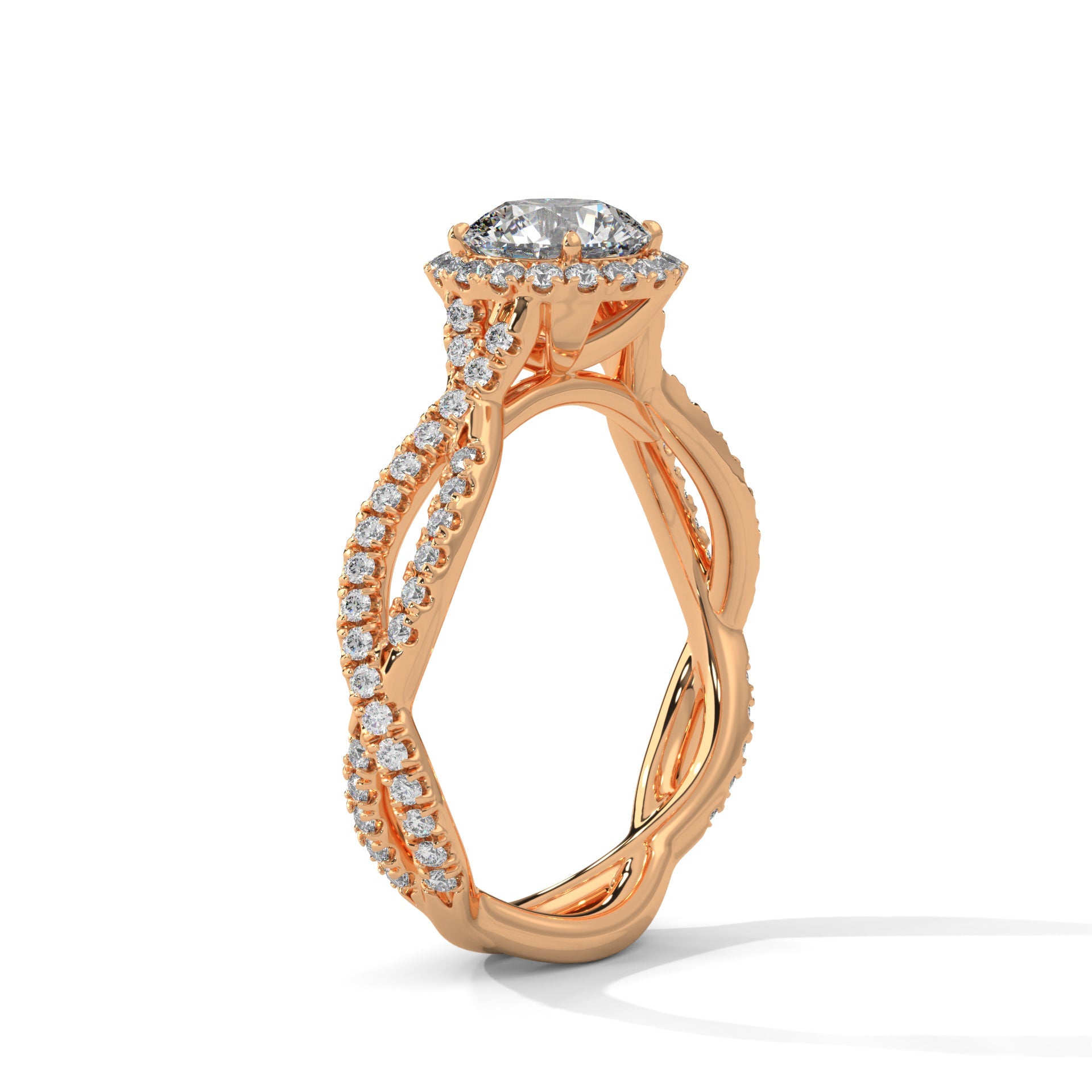 Twisted diamond-encrusted Band Halo Engagement Ring with 2ct Round-Cut Diamond(F VS1)